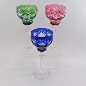 Cut to Clear Cased Glass Wine Goblet Set of 3 Red Green Cobalt
