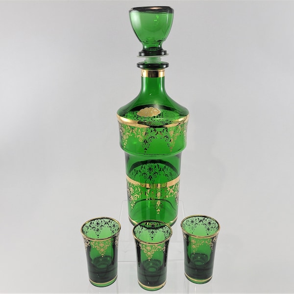 Italian Cristallerie Artistiche DEP Green & Gold Decorated Liquor Decanter w/ 3 Shot Glasses Italy