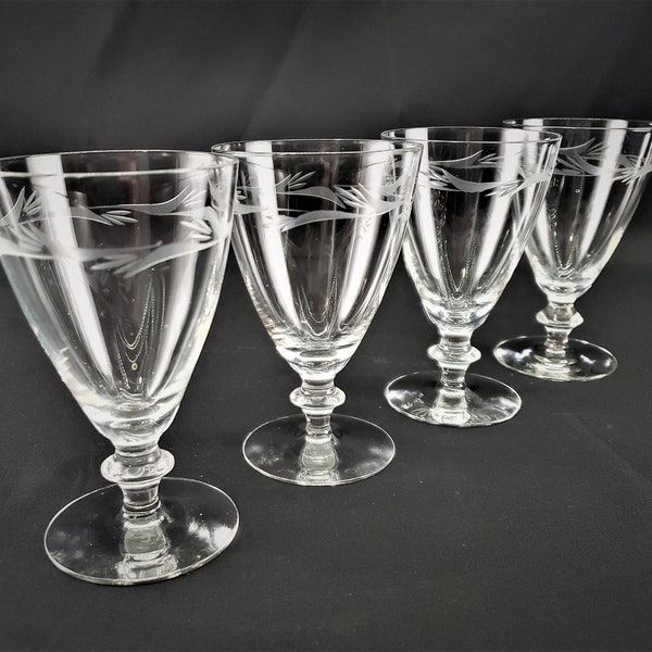 Kosta Boda Scandinavian Pysen Pattern Engraved Crystal Glass Wine Goblets Set/4
