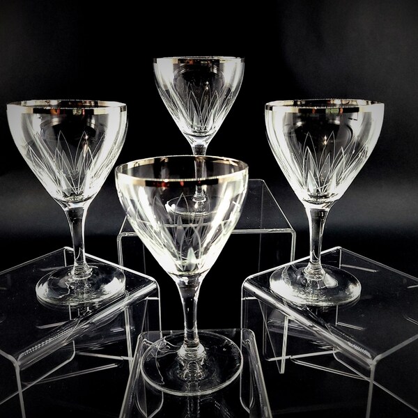 Vintage 1940's / 1950's West German Cut Crystal Platinum Rim 3 oz Wine Goblets Set of 4