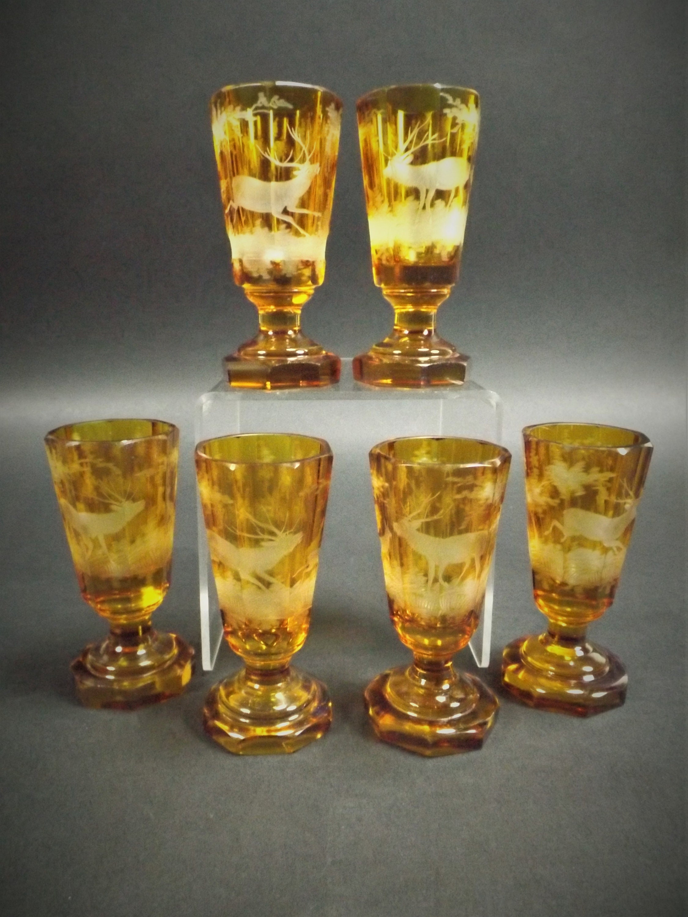 Moser Bohemian Amber Cut to Clear Black Forest Stag Deer Cordial