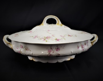 Theodore Haviland Schleiger 636A Pink Roses Round Covered Vegetable Dish Bowl 