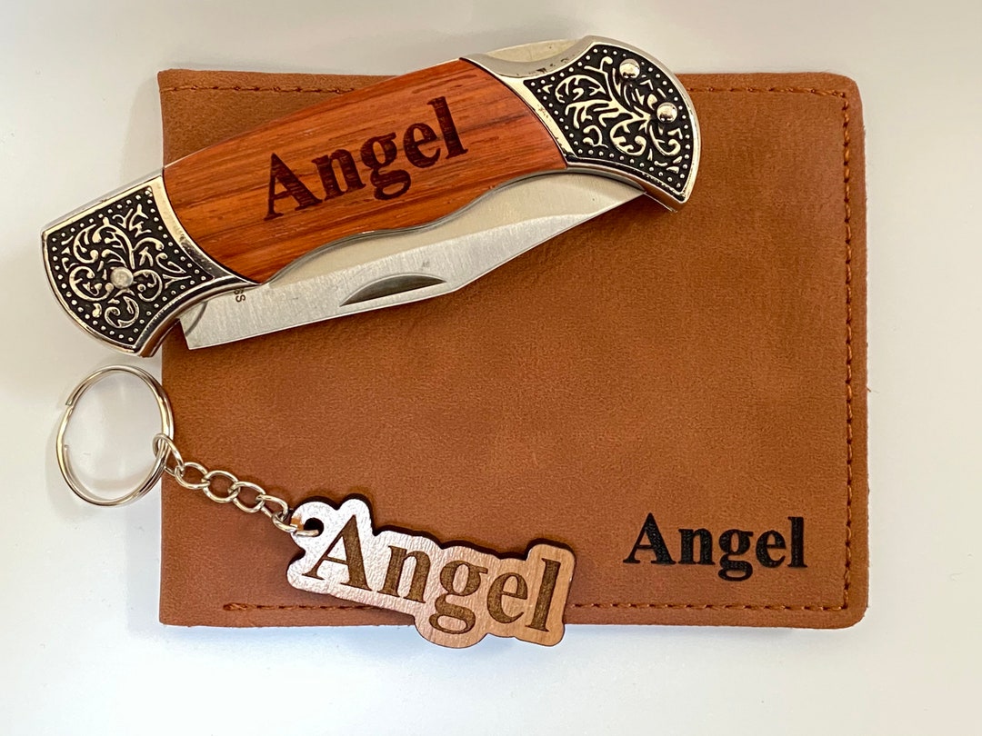 KNIFE, WALLET & Key Chain SET. Personalized Hunting Knife ,wood Key