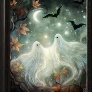 Halloween Ghost Art Print, Two Ghosts Couple Painting, Cute Spooky Ghost Art, Ghost Decor