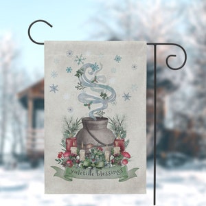 Yuletide Blessings Garden Yard Flag. Yule Banner Nature Magical Whimsical Cute Winter Decor.