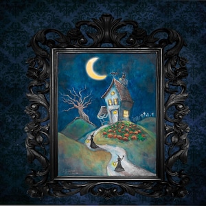 Witches Halloween Art Print - Cute Witch Haunted House Witchy Whimsical Gift Painting