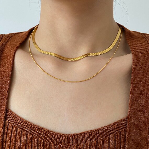 Double Chain Layered Necklace Gold Snake Shiny Gold Filled Etsy