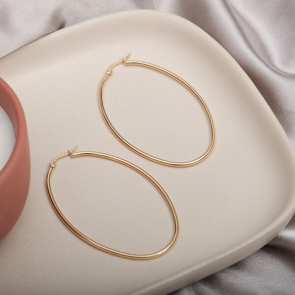 Oval Hoop Earrings, Minimalistic Large Hoops Thin 18k Gold Large Hoops, Lightweight hoop earrings, Elegant hoop Earrings, Delicate Hoops