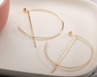 Big hoop earrings, Hoop line earrings, Gold bar hoop earrings, gift for her, large hoop earrings Dainty Hoops, Minimalist Hoops Geometry