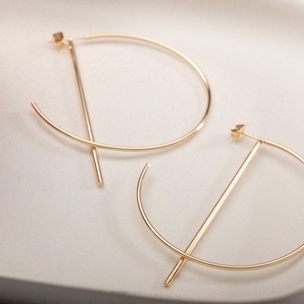 Grandes boucles d'oreilles créoles, boucles d'oreilles Hoop line, boucles d'oreilles créoles Gold bar, cadeau pour elle, grandes boucles d'oreilles créoles Dainty Hoops, Minimalist Hoops Geometry