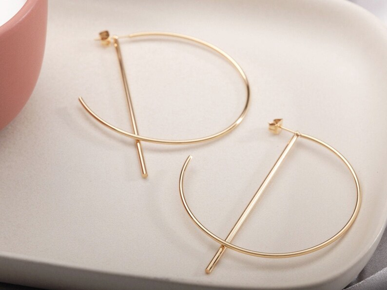 Big hoop earrings, Hoop line earrings, Gold bar hoop earrings, gift for her, large hoop earrings Dainty Hoops, Minimalist Hoops Geometry image 1