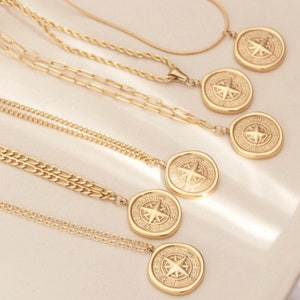 Gold Compass Necklace Gold PVD Coating Compass Necklace Mens Compass Necklace Gold North Star Necklace Vintage Necklace Wax Seal WATERPROOF