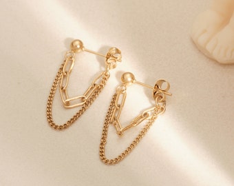 Boucles d’oreilles en chaîne, boucle d’oreille en or 18 carats, boucle d’oreille non ternie, boucles d’oreilles Chain Dangle, boucle d’oreille en chaîne en or, goujons minimalistes, veste d’oreille en chaîne