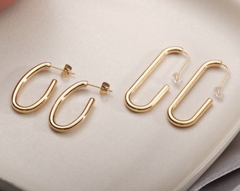 Delicate Long Thin Hoops, Lightweight Gold Oval Hoops, Minimalist Oval Hoops, Simple Gold Oval Hoops, Gold Geometrical Hoops Gold filled