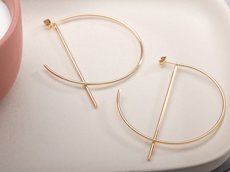 Big hoop earrings, Hoop line earrings, Gold bar hoop earrings, gift for her, large hoop earrings Dainty Hoops, Minimalist Hoops Geometry image 4