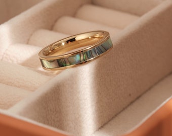Abalone Perlmuttring, Abalone Muschelring, zierlicher natürlicher Ring, Goldring, Bandring, minimalistisch, wasserdichter Ring, Ringgeschenk für sie
