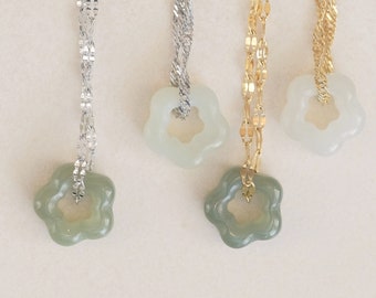 Natural Jade Flower Necklace, Jade Necklace, Green Jade Jewelry, White Jade Necklace, 18k Gold PVD Necklace, Waterproof Chains, Gift for MOM