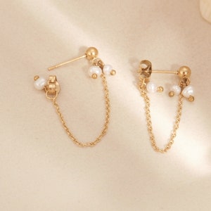 Gold Chain Earrings, Freshwater Pearl Earrings, Dainty Earrings, Minimalist, Gold Dangle Earrings, WATERPROOF Earrings, Drop Chain Earrings image 2