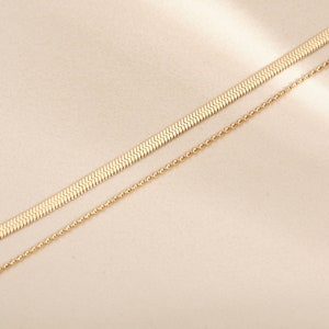 18K Gold Anklets, Gold Double Layers Anklet, Layered Anklet, Layering Anklet, Anklet Bracelet, Gold Herringbone Anklet, Gold Beaded Anklet Single HB Chain + Single Bead Chain