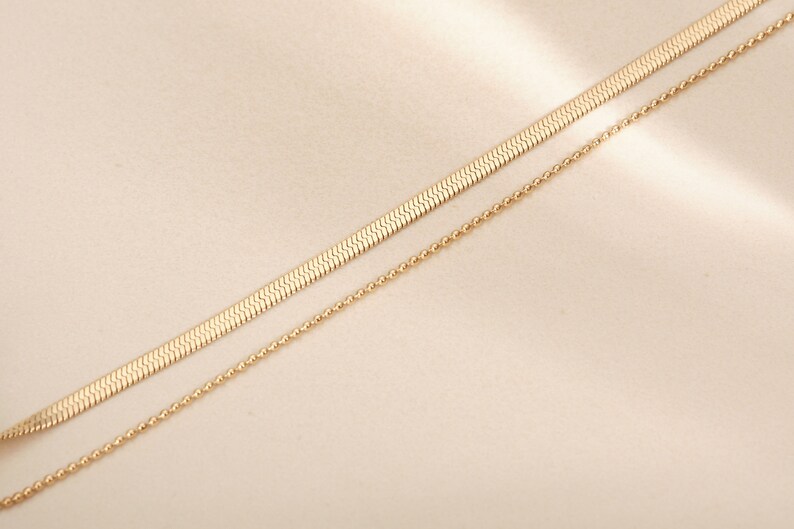 18K Gold Anklets, Gold Double Layers Anklet, Layered Anklet, Layering Anklet, Anklet Bracelet, Gold Herringbone Anklet, Gold Beaded Anklet Single HB Chain + Single Bead Chain