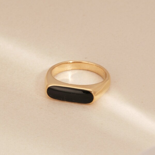 Gold rectangle Black Enamel Rings Geometric Ring Vintage Stainless Steel Jewelry Gold Ring Minimalist Ring Gold ring Non tarnish ring