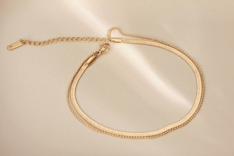 18K Gold Anklets, Gold Double Layers Anklet, Layered Anklet, Layering Anklet, Anklet Bracelet, Gold Herringbone Anklet, Gold Beaded Anklet image 7