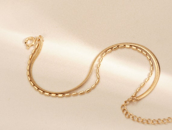 Gold Double Layer Bracelet, Double Herringbone Bracelet, Gold 2 Layer  Bracelet, Beaded Bracelet, Waterproof, Double Snake Chain Bracelet 