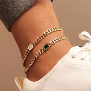 18K Gold Cuban Chain Anklet, Emerald Anklet, Square CZ Anklet, Gold Chain Anklet, WATERPROOF, White CZ Anklet, Cuban Chain Gold, Gift