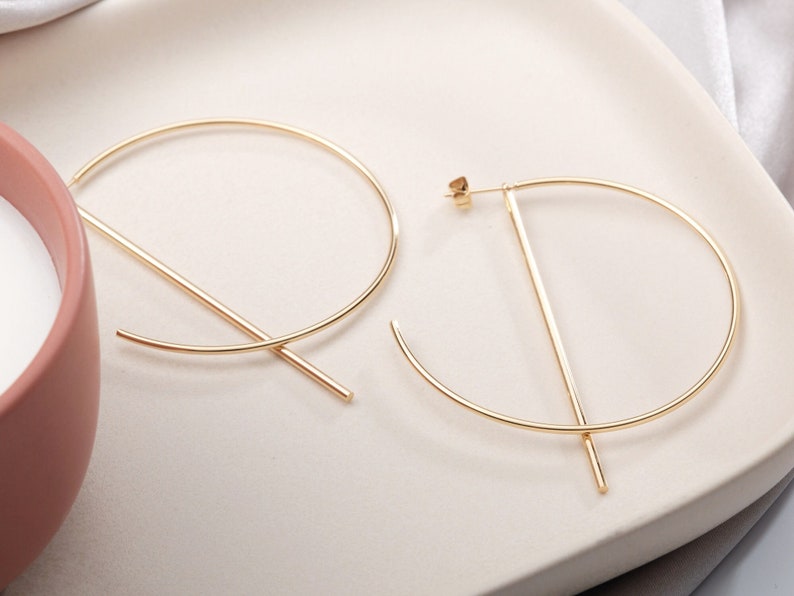 Big hoop earrings, Hoop line earrings, Gold bar hoop earrings, gift for her, large hoop earrings Dainty Hoops, Minimalist Hoops Geometry image 3