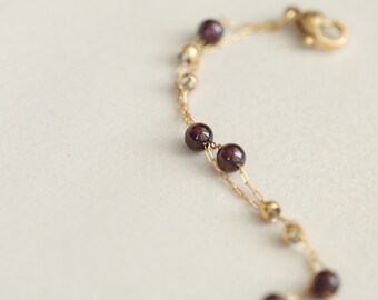 18k gold Garnet beads bracelet, double chain bracelet, double layer bracelet, garnet bracelet, birthstone garnet jewelry, gold bracelet