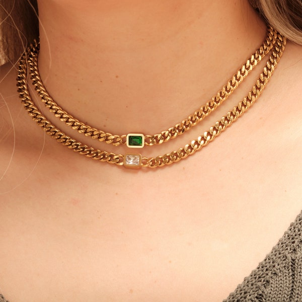 18K Gold Cuban Chain Choker Necklace, 6mm Cuban Chain Bracelet, Square Zircon Necklace, Gemstone Necklace, Gold Chain Necklace, Waterproof