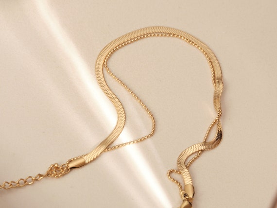 18K Gold Bracelet Gold Double Chain Bracelet Herringbone