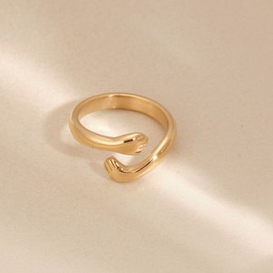 18k Gold Hug Ring Gold Hugging Hands Gold Hug Ring, Couple Ring Love Ring Open Hug Ring Friendship Ring WATERPROOF Hugging Ring