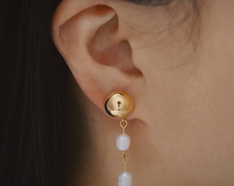 18K Gold PVD Pearl Earrings, Genuine Freshwater Pearl Hoops, Dangling Earring, Drop Earrings, Gold Earrings, WATERPROOF Pearl Earring