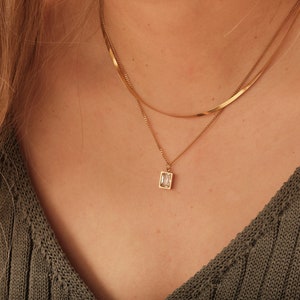 Gold Herringbone Layered Necklace, Square Gemstone Zircon Necklace, WATERPROOF, Snake Chain Necklace, Double Layer Necklace, CZ Pendant