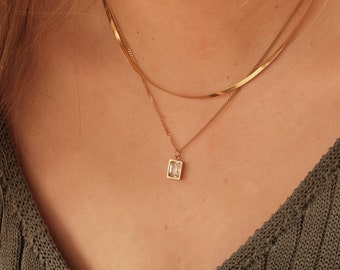 Gold Herringbone Layered Necklace, Square Gemstone Zirconia Necklace, WATERPROOF, Snake Chain Necklace, Double Layer Necklace, CZ Pendant