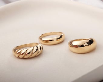 18K Gold Twisted Dome Ring Croissant Ring Chunky Ring Gold Braid Rope Ring Classic Dome Ring for Women Croissant Dome Twist Rope WATERPROOF