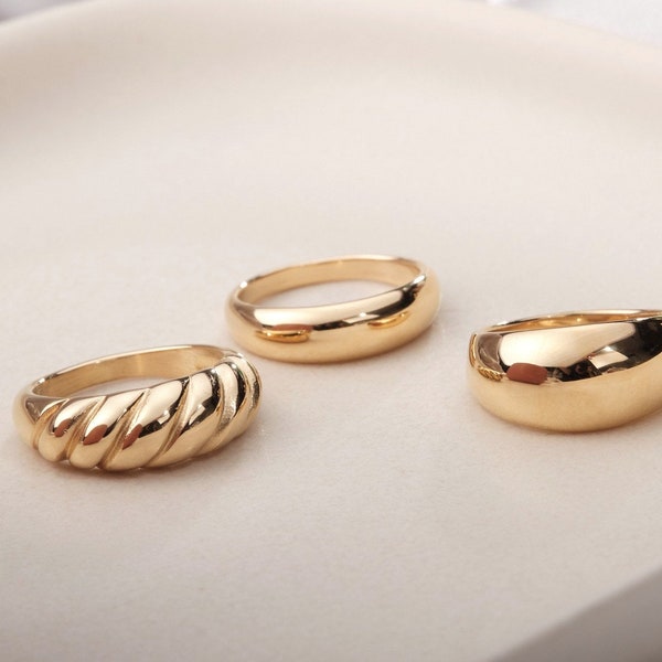 18K Gold Twisted Dome Ring Croissant Ring Chunky Ring Gold Braid Rope Ring Classic Dome Ring for Women Croissant Dome Twist Rope WATERPROOF