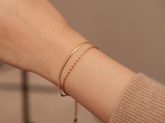 Gold Double Layer Bracelet, Double Herringbone Bracelet, Gold 2