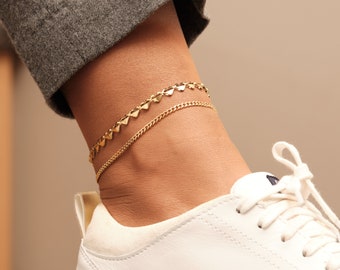 Gold Pave Hearts Anklet, Gold Anklets, Gold Snake Chain Anklet, Gold Herringbone Anklet, Link Chain Anklet, Beads Anklet, WATERPROOF Anklet