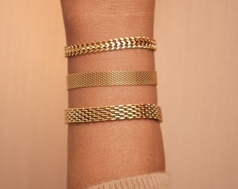 18K Gold Vintage Mesh Armband Gouden Dikke Kettingarmband Waterdichte armband Gebreide kettingarmband, Gouden Cubaanse armband, Cadeau voor haar armband