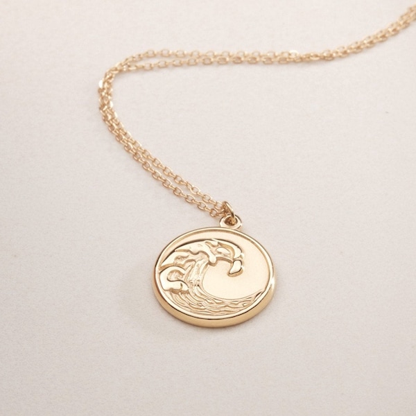 Gold Wave Necklace For Women Coin Wave Jewelry Ocean Wave Pendant Charm Necklace Surfer Necklace Gift For Her Storm Disc