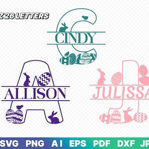 Split Ostern Monogramm Alphabet SVG, 26 Buchstaben, DXF, PNG, Split Ostern Rahmen Alphabet, Silhouette, geschnitten Datei für Cricut