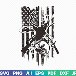 Pesca e Caça Bandeira Americana Svg, Pesca e Caça Bandeira Americana Svg, Pesca svg, Caça ao Veado svg, Arquivo de Corte, Cricut, Silhueta