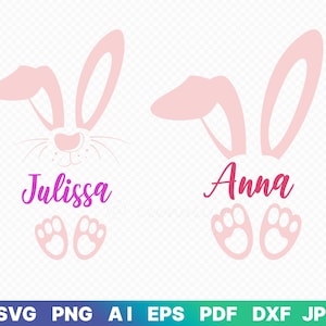 Könnte beinhalten: Zwei rosa Hasenohr-Designs mit Pfotenabdrücken und den Namen Julissa und Anna. Die Hasenohren sind schwarz umrandet.