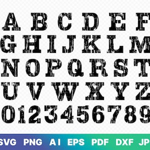 ダメージ加工フォント SVG ファイル、グランジ文字と数字、クリップアート、jpg/Ai/pdf/dxf/png/eps