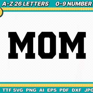 May include: Black and white graphic of the word "MOM" in a bold, blocky font style.
