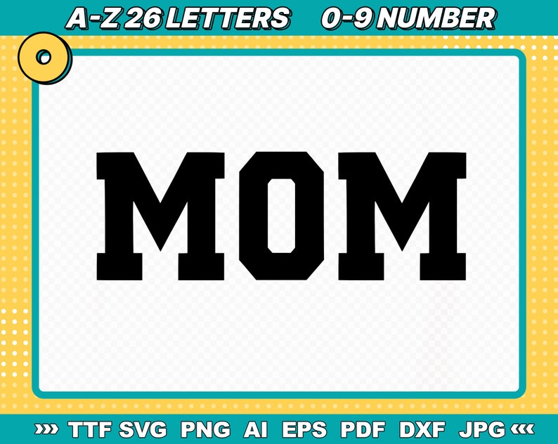May include: Black and white graphic of the word "MOM" in a bold, blocky font style.