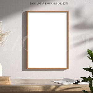 Rahmen Mockup helles Holz A4, Rahmen Wallpaper Mockup, Rahmen auf Holzboden Mockup, vertikale Rahmen Mockup, skandinavischer Rahmen Mockup PNG JPG PSD