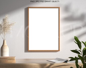 frame mockup light wood A4, frame wallpaper mockup, frame on wooden floor mockup,vertical frame mockup,scandinavian frame mockup PNG JPG PSD